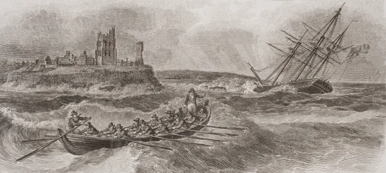 Rettungsboot rudert zur Rettung eines sinkenden Segelschiffs, graviert von Thomas Milton (1743-1827) 1820